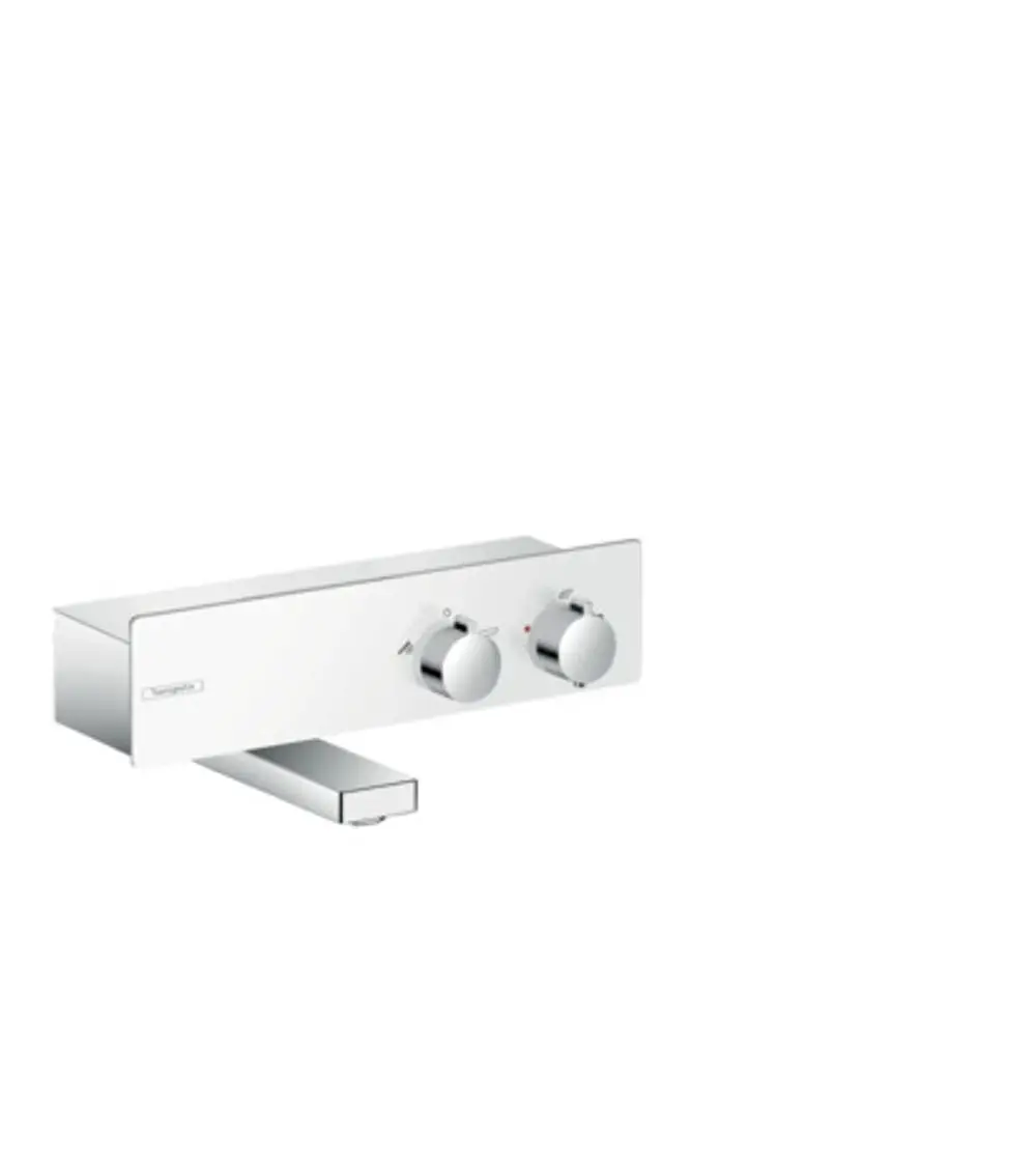 Hansgrohe Thermostatsteuerung für die Dusche in Chrom. Zwei Drehregler zur Temperatureinstellung und Wassermenge. Minimalistisches Design ohne sichtbare Markenbezeichnung.